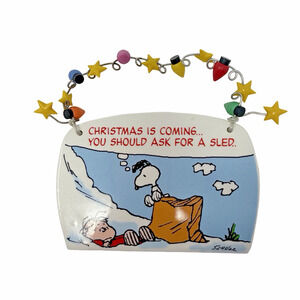 Dept. 56 Peanuts SNOOPY LINUS Holiday Ornament Plaque Sign 5x3.5" EUC